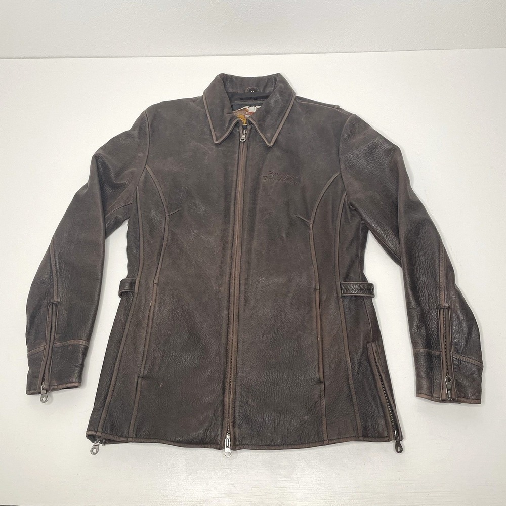 Vintage Harley Davidson Brown Leather Motorcycle Jacket Womens Medium Distressed